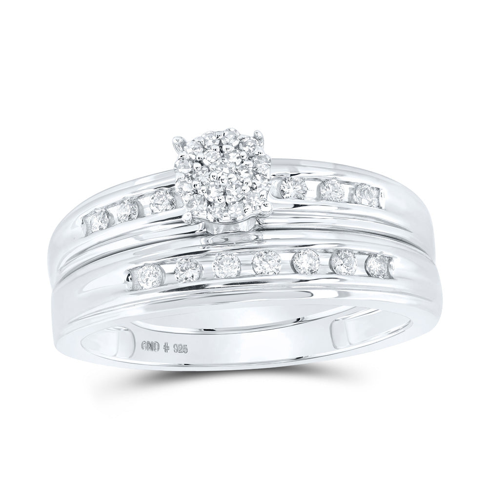 Sterling Silver His Hers Round Diamond Cluster Matching Wedding Set 3/8 Cttw, Womens Size: 5-10, Mens Size: 7-13
