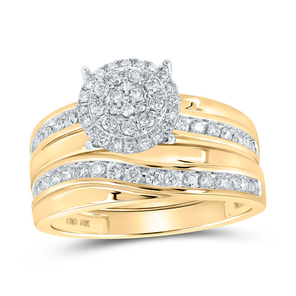 10K Yellow Gold His Hers Round Diamond Cluster Matching Wedding Set 1 Cttw, Womens Size: 5-10, Mens Size: 7-13