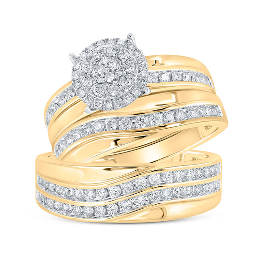 10K Yellow Gold His Hers Round Diamond Cluster Matching Wedding Set 1 Cttw, Womens Size: 5-10, Mens Size: 7-13