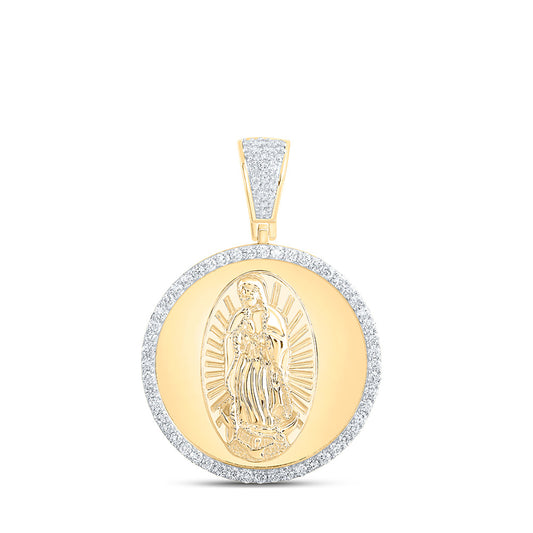 10K Yellow Gold Mens Round Diamond Guadalupe Mary Charm Pendant 1 Cttw, Length: 1.57 In, Width: 1.14 In