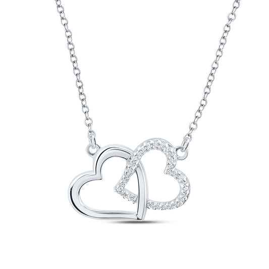 Sterling Silver Womens Round Diamond 18-inch Double Heart Necklace 1/20 Cttw, Length: 0.44 In, Width: 0.61 In