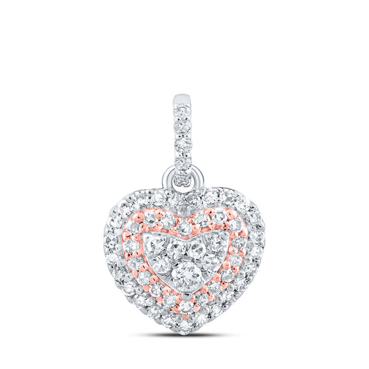 10K Two-tone Gold Womens Round Diamond Heart Pendant 1/4 Cttw, Length: 0.56 In, Width: 0.39 In