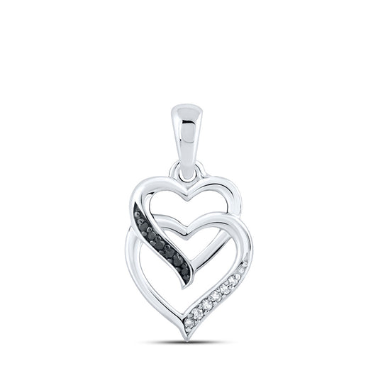 Sterling Silver Womens Round Diamond Double Heart Pendant 1/20 Cttw, Length: 0.65 In, Width: 0.39 In