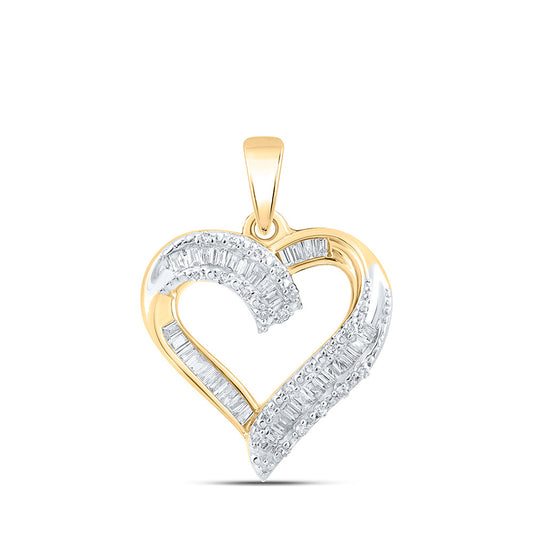 10K Yellow Gold Womens Baguette Diamond Heart Pendant 1/4 Cttw, Length: 0.81 In, Width: 0.58 In