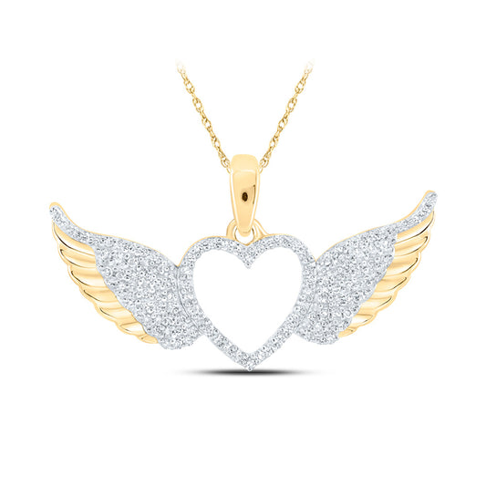 10K Yellow Gold Womens Round Diamond Wing Heart Pendant 1/4 Cttw, Length: 0.57 In, Width: 1.06 In