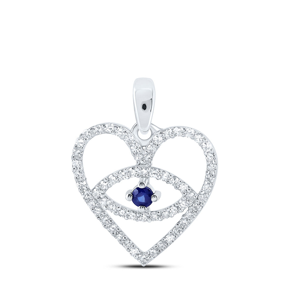 10K White Or Yellow Gold Womens Round Blue Sapphire Diamond Eye Heart Pendant