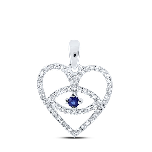10K White Or Yellow Gold Womens Round Blue Sapphire Diamond Eye Heart Pendant