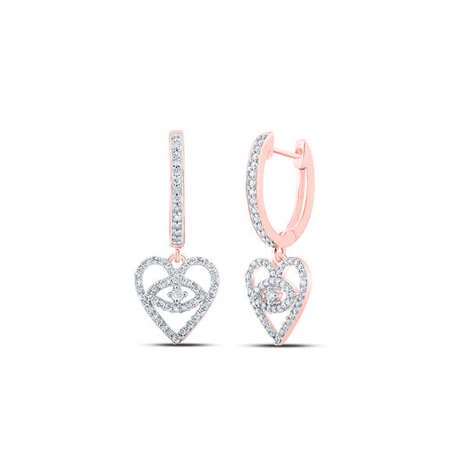 10K Yellow Or White Or Rose Gold Womens Round Diamond Heart Dangle Earrings