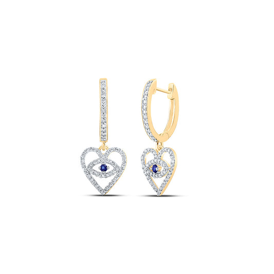 10K Yellow Gold Womens Round Blue Sapphire Diamond Heart Dangle Earrings 3/8 Cttw
