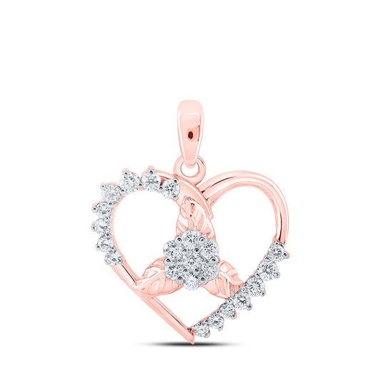 10K Yellow Or Rose Gold Womens Round Diamond Flower Heart Pendant