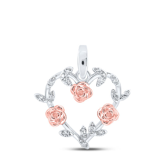 Sterling Silver Womens Round Diamond Rose Heart Pendant 1/12 Cttw, Length: 0.66 In, Width: 0.48 In