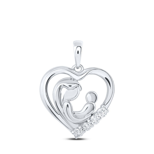 10K White Gold Womens Round Diamond Mother Child Heart Pendant 1/5 Cttw