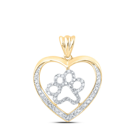 10K Yellow Gold Womens Round Diamond Paw Heart Pendant 1/3 Cttw