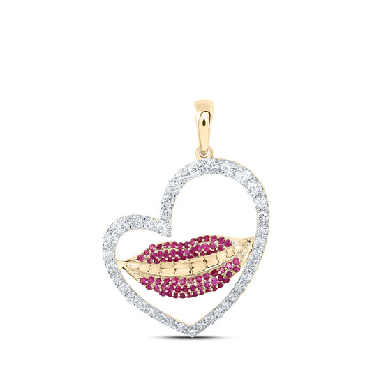 10K Yellow Gold Womens Round Ruby Diamond Lips Heart Pendant 1 Cttw