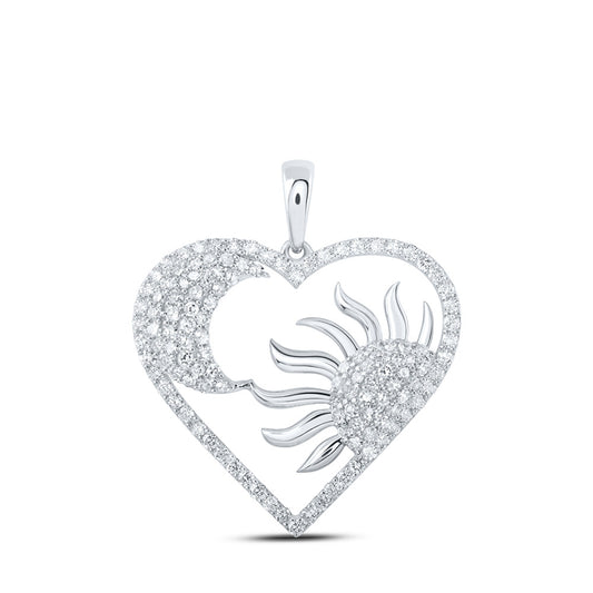 10K White Gold Womens Round Diamond Sun Moon Heart Pendant 1 Cttw, Length: 0.93 In, Width: 1.02 In