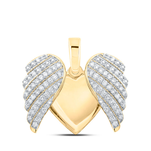 10K Yellow Gold Womens Round Diamond Wing Heart Pendant 1 Cttw, Length: 1.43 In, Width: 0.96 In