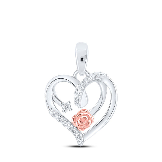 Sterling Silver Womens Round Diamond Rose Heart Pendant 1/12 Cttw, Length: 0.68 In, Width: 0.46 In