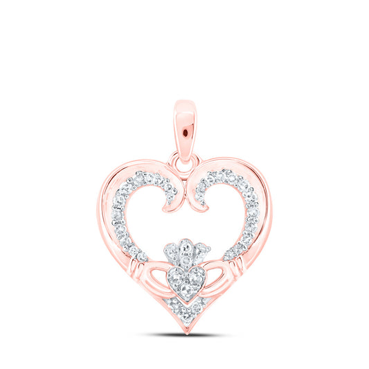 10K Yellow Or White Or Rose Gold Womens Round Diamond Claddagh Heart Pendant