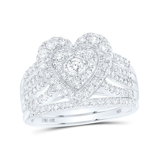 10K Yellow Or White Or Rose Gold Round Diamond Heart Bridal Wedding Ring Band Set , Womens Size: 5-10
