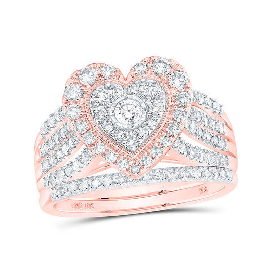 10K Yellow Or White Or Rose Gold Round Diamond Heart Bridal Wedding Ring Band Set , Womens Size: 5-10