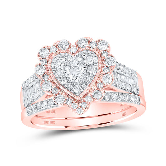 10K Yellow Or White Or Rose Gold Round Diamond Heart Bridal Wedding Ring Band Set , Womens Size: 5-10