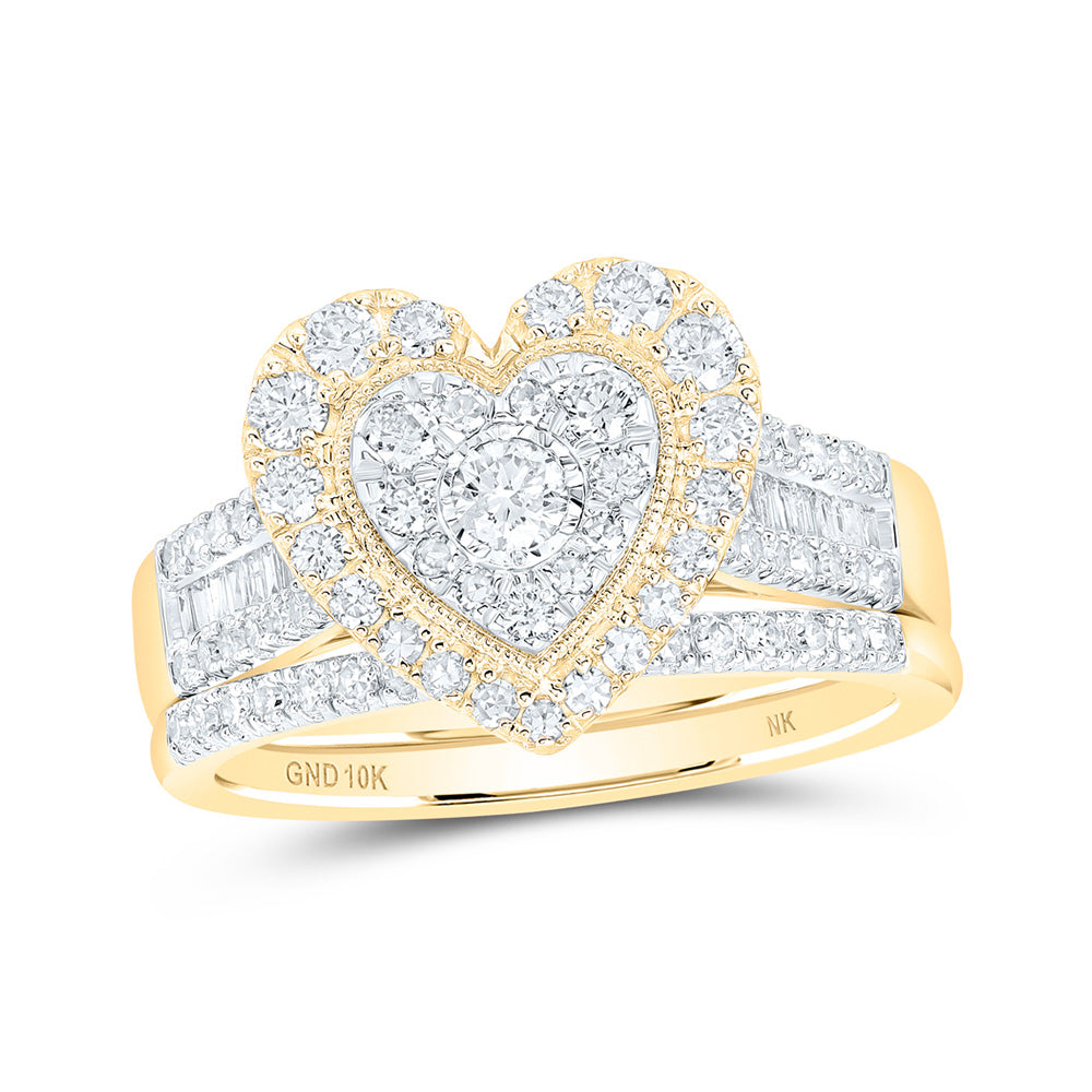 10K Yellow Or White Or Rose Gold Round Diamond Heart Bridal Wedding Ring Band Set , Womens Size: 5-10
