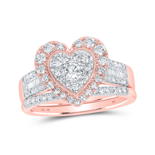 10K Yellow Or White Or Rose Gold Round Diamond Heart Bridal Wedding Ring Band Set , Womens Size: 5-10