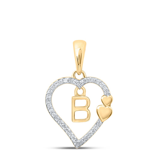10K Yellow Gold Womens Round Diamond B Heart Letter Pendant 1/10 Cttw, Length: 0.87 In, Width: 0.53 In