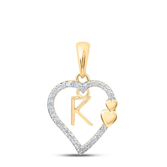 10K Yellow Gold Womens Round Diamond K Heart Letter Pendant 1/10 Cttw, Length: 0.87 In, Width: 0.53 In