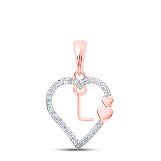 10K Rose Gold Womens Round Diamond L Heart Letter Pendant 1/10 Cttw, Length: 0.87 In, Width: 0.53 In