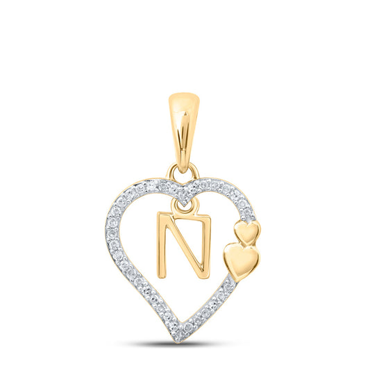 10K Yellow Gold Womens Round Diamond N Heart Letter Pendant 1/10 Cttw, Length: 0.87 In, Width: 0.53 In