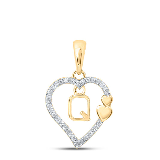 10K Yellow Gold Womens Round Diamond Q Heart Letter Pendant 1/10 Cttw, Length: 0.87 In, Width: 0.53 In