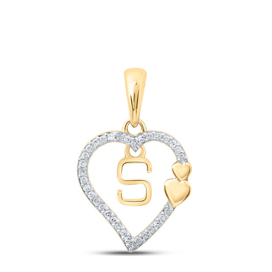 10K Yellow Gold Womens Round Diamond S Heart Letter Pendant 1/10 Cttw, Length: 0.87 In, Width: 0.53 In