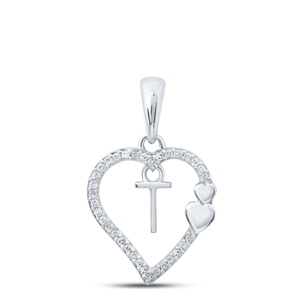 10K White Or Yellow Gold Womens Round Diamond T Heart Letter Pendant