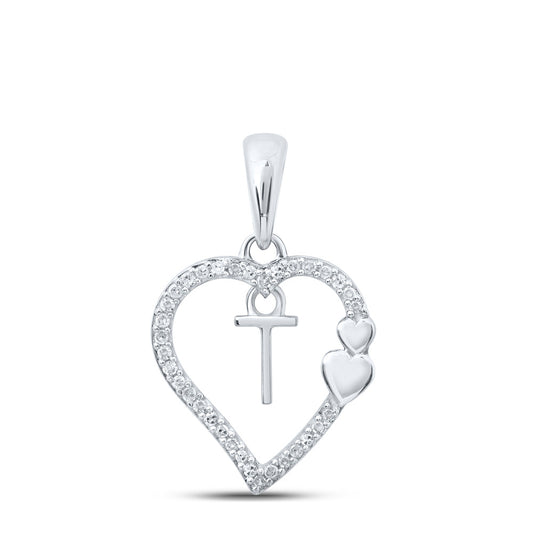 10K White Or Yellow Gold Womens Round Diamond T Heart Letter Pendant