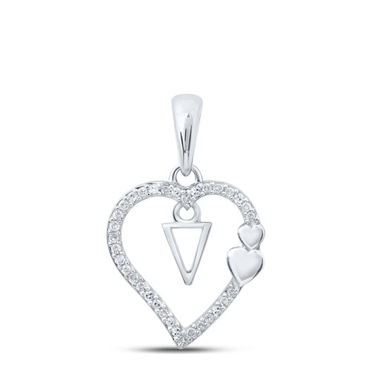 10K White Or Yellow Gold Womens Round Diamond V Heart Letter Pendant