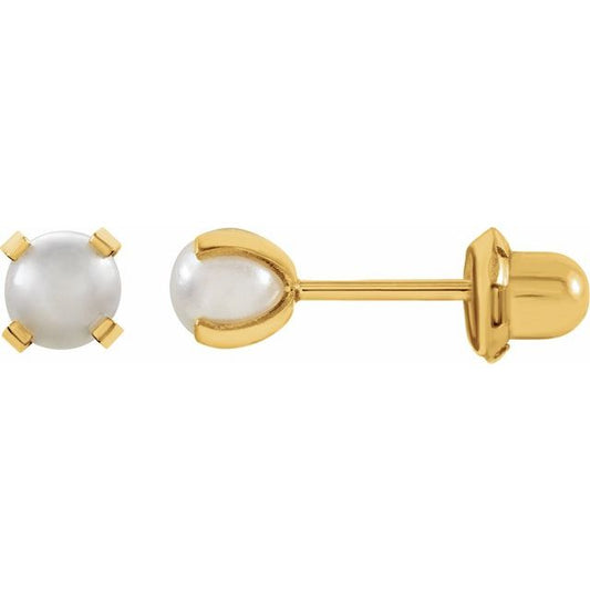 14K Yellow Gold 4 Mm 4-Prong Polished Iverness Imitation White Pearl Piercing Earrings