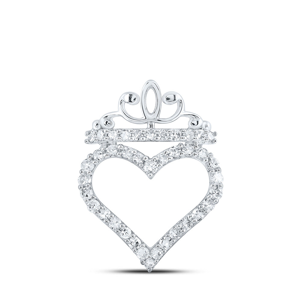 10K Yellow Or White Or Rose Gold Womens Round Diamond Crown Heart Pendant