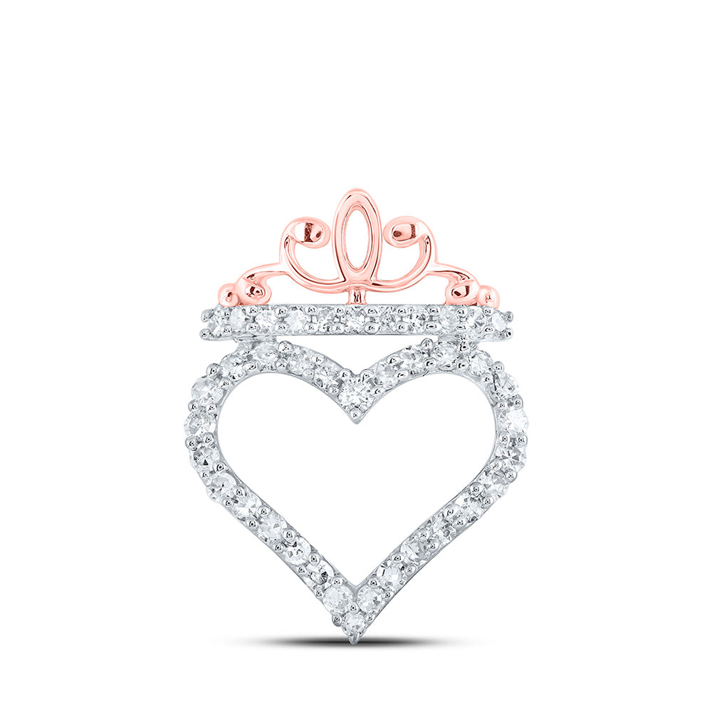 10K Yellow Or White Or Rose Gold Womens Round Diamond Crown Heart Pendant