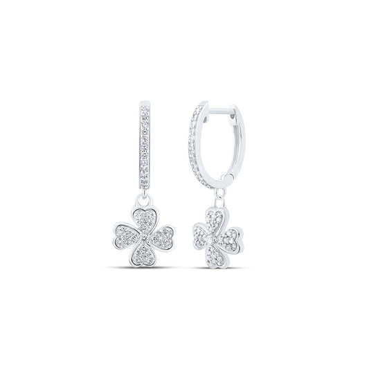 10K Yellow Or White Or Rose Gold Womens Round Diamond Clover Heart Hoop Dangle Earrings