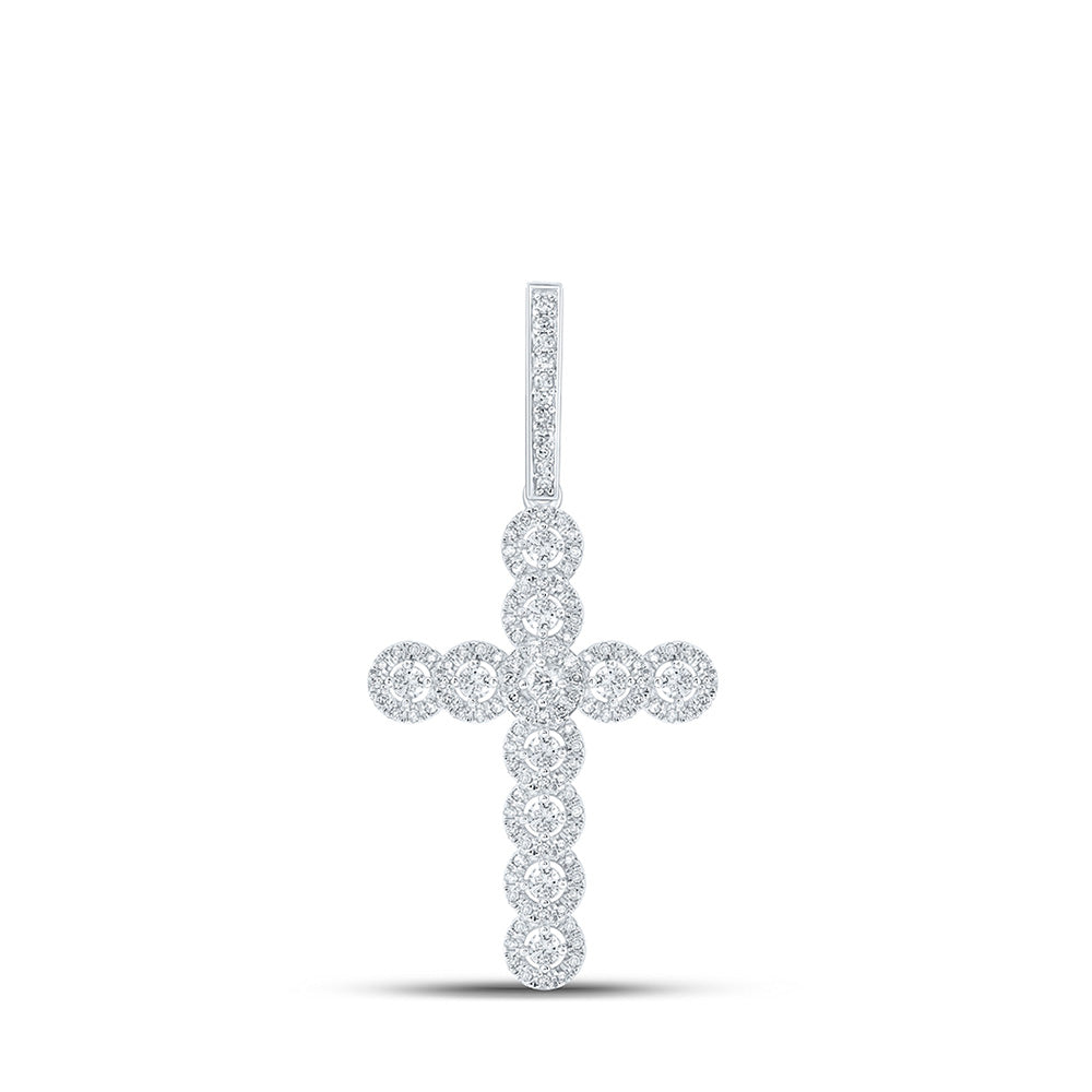 10K White Gold Mens Round Diamond Cross Charm Pendant 3/4 Cttw, Length: 1.69 In, Width: 0.89 In