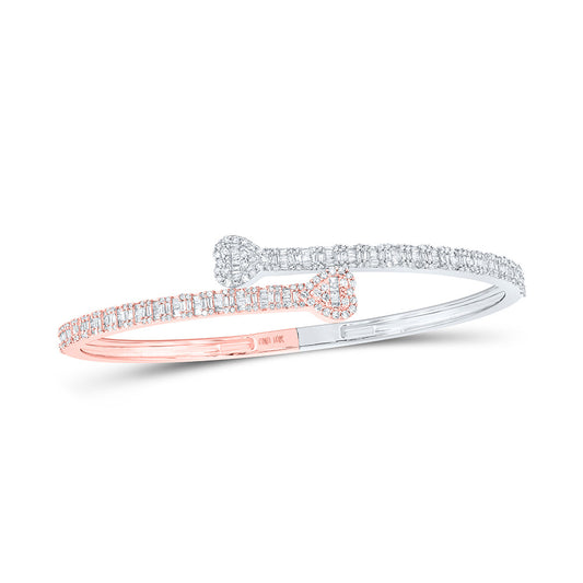 10K White Or Two-Tone Gold  Womens Baguette Diamond Heart Cuff Bangle Bracelet 1-1/2 Cttw, Width: 0.63 In