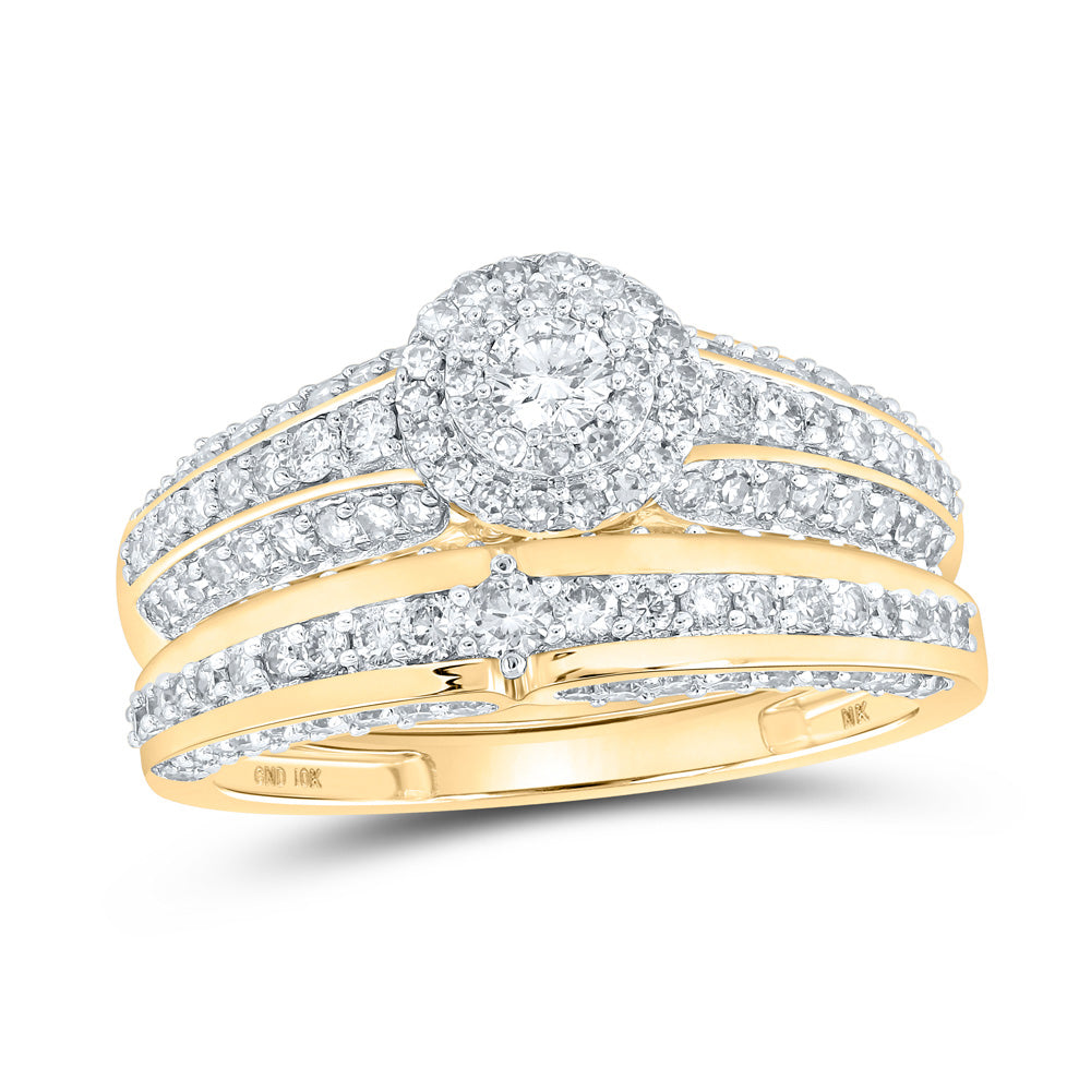 10K Yellow Gold His Hers Round Diamond Halo Matching Wedding Set 1-3/4 Cttw, Womens Size: 5-10, Mens Size: 7-13