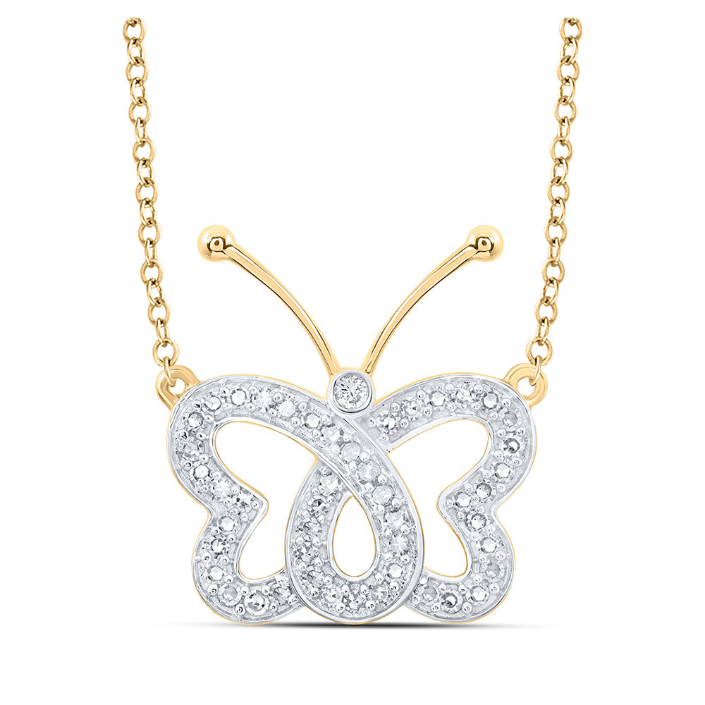 10K Yellow Or White Or Rose Gold Womens Round Diamond Butterfly Necklace