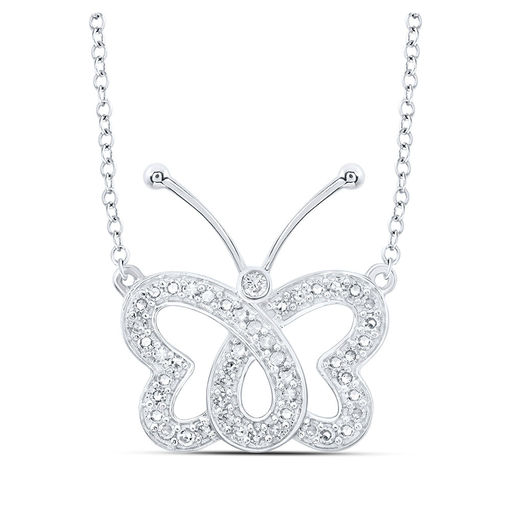 10K Yellow Or White Or Rose Gold Womens Round Diamond Butterfly Necklace