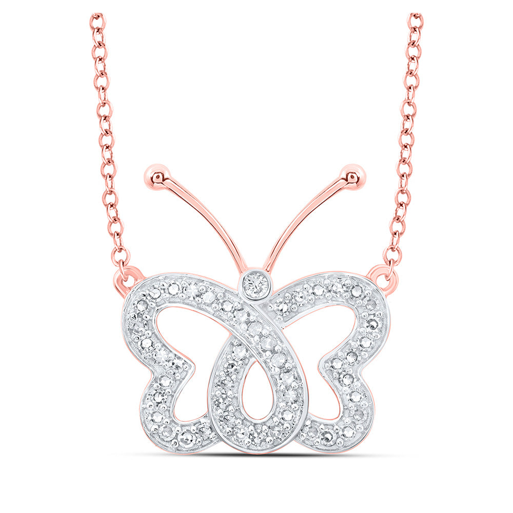 10K Yellow Or White Or Rose Gold Womens Round Diamond Butterfly Necklace
