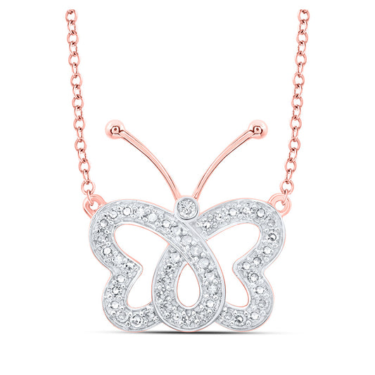 10K Yellow Or White Or Rose Gold Womens Round Diamond Butterfly Necklace
