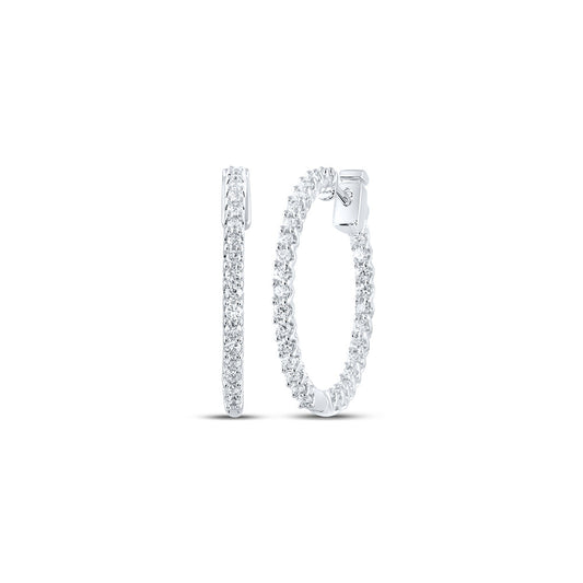 14K White Gold Womens Round Diamond Inside Outside Hoop Earrings 1 Cttw