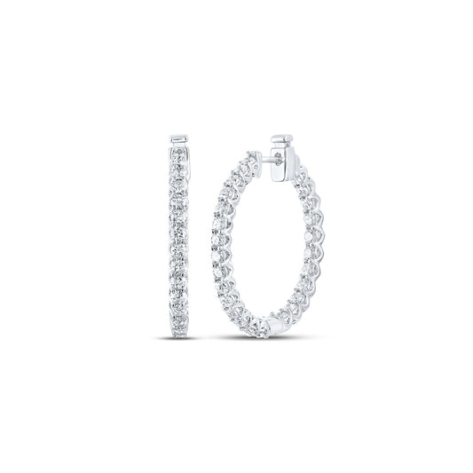 14K White Gold Womens Round Diamond Inside Outside Hoop Earrings 1-3/4 Cttw