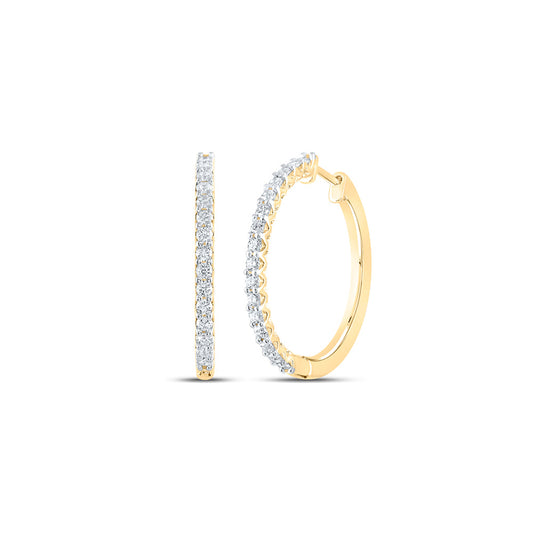 14K Yellow Gold Womens Round Diamond Hoop Earrings 7/8 Cttw